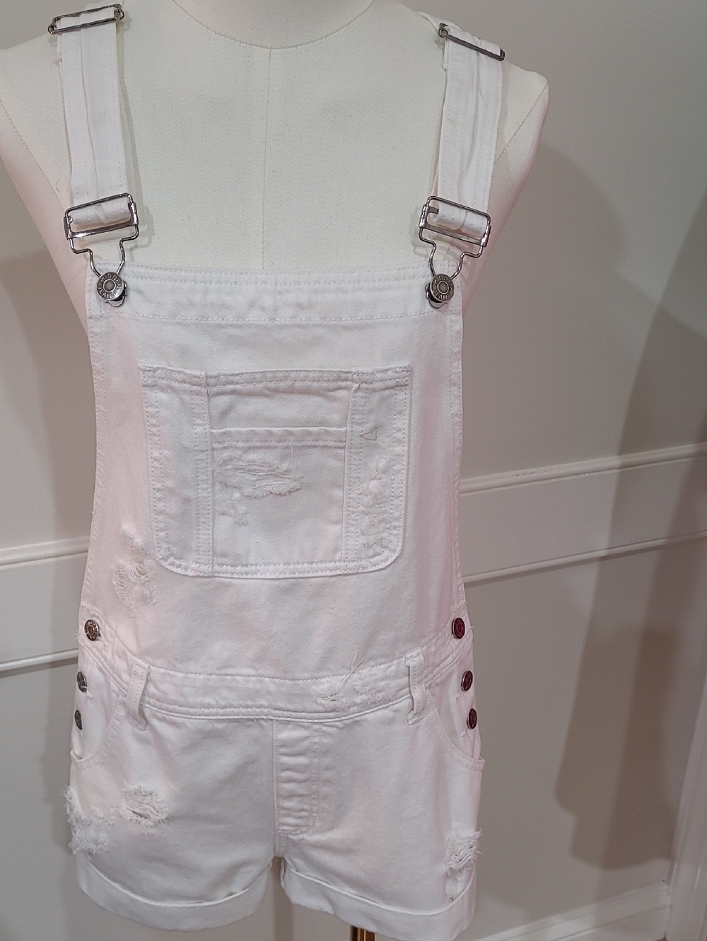 Hidden Jeans Distressed White Denim Overalll Shorts - Size S